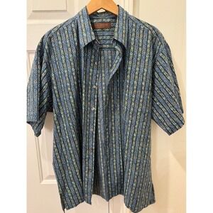 Tori Richard Honolulu Mens Large Blue Floral Stripe Cotton Button Down Shirt USA